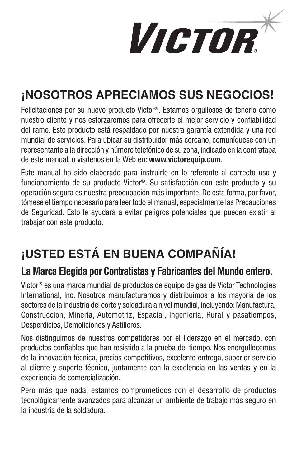 Nosotros apreciamos sus negocios, Usted está en buena compañía | Tweco Single & Two Stage Regulators User Manual | Page 47 / 68