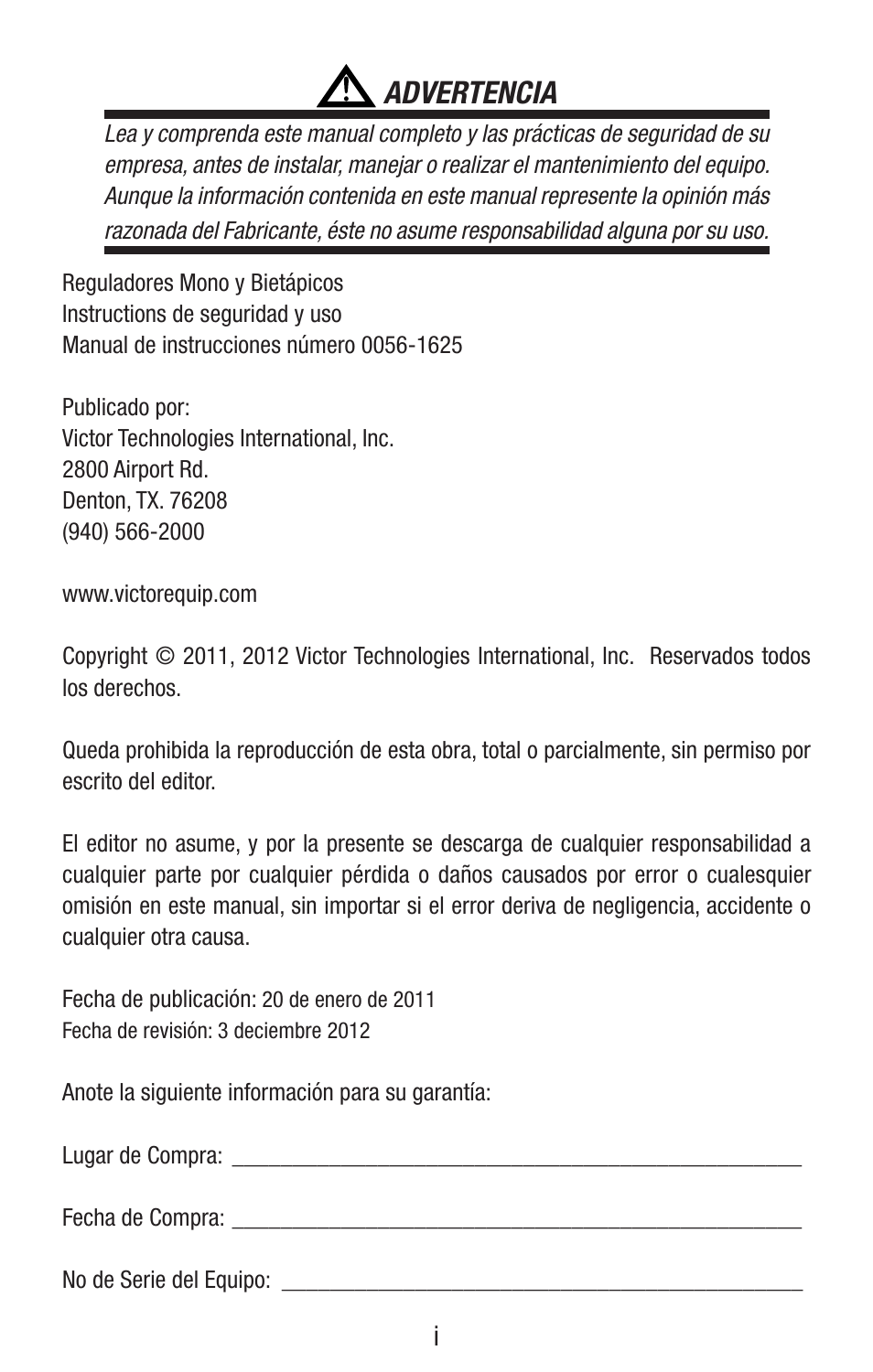 Advertencia | Tweco Single & Two Stage Regulators User Manual | Page 48 / 68