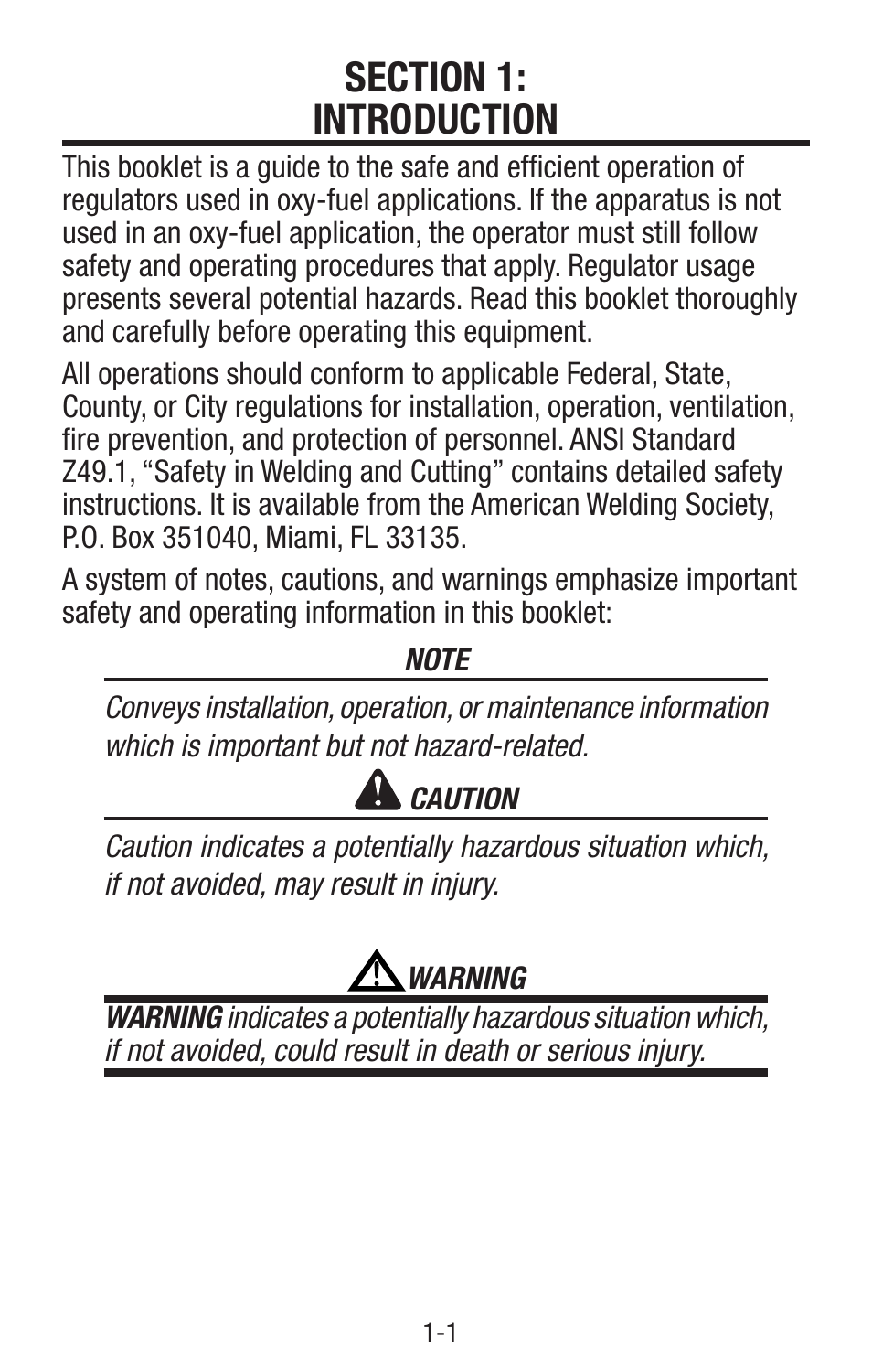 Section 1: introduction, Section 1: introduction -1 | Tweco Single & Two Stage Regulators User Manual | Page 5 / 68