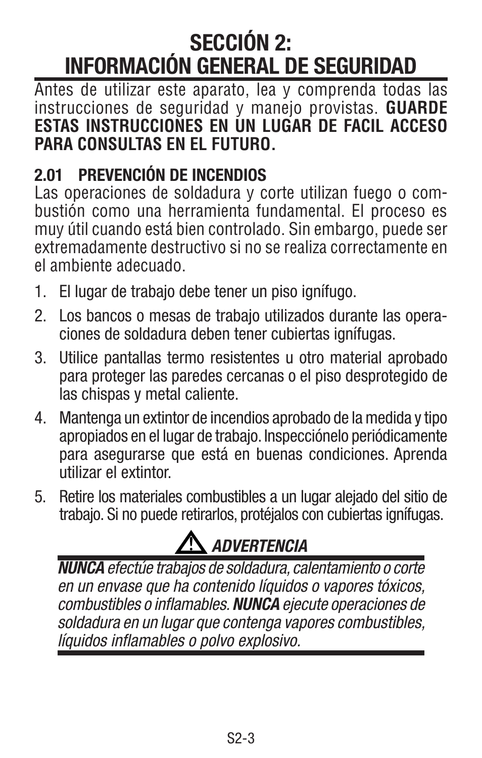 Sección 2: información general de seguridad, 01 prevención de incendios | Tweco Single & Two Stage Regulators User Manual | Page 52 / 68