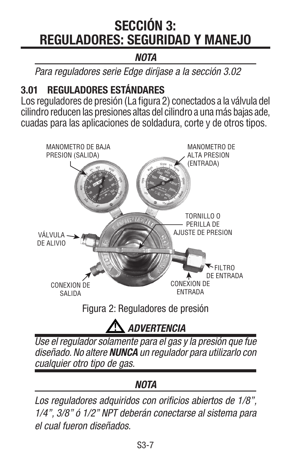 Sección 3: reguladores: seguridad y manejo, 01 reguladores estándares, Sección 3: reguladores: seguridad y manejo ...s3-7 | Tweco Single & Two Stage Regulators User Manual | Page 56 / 68