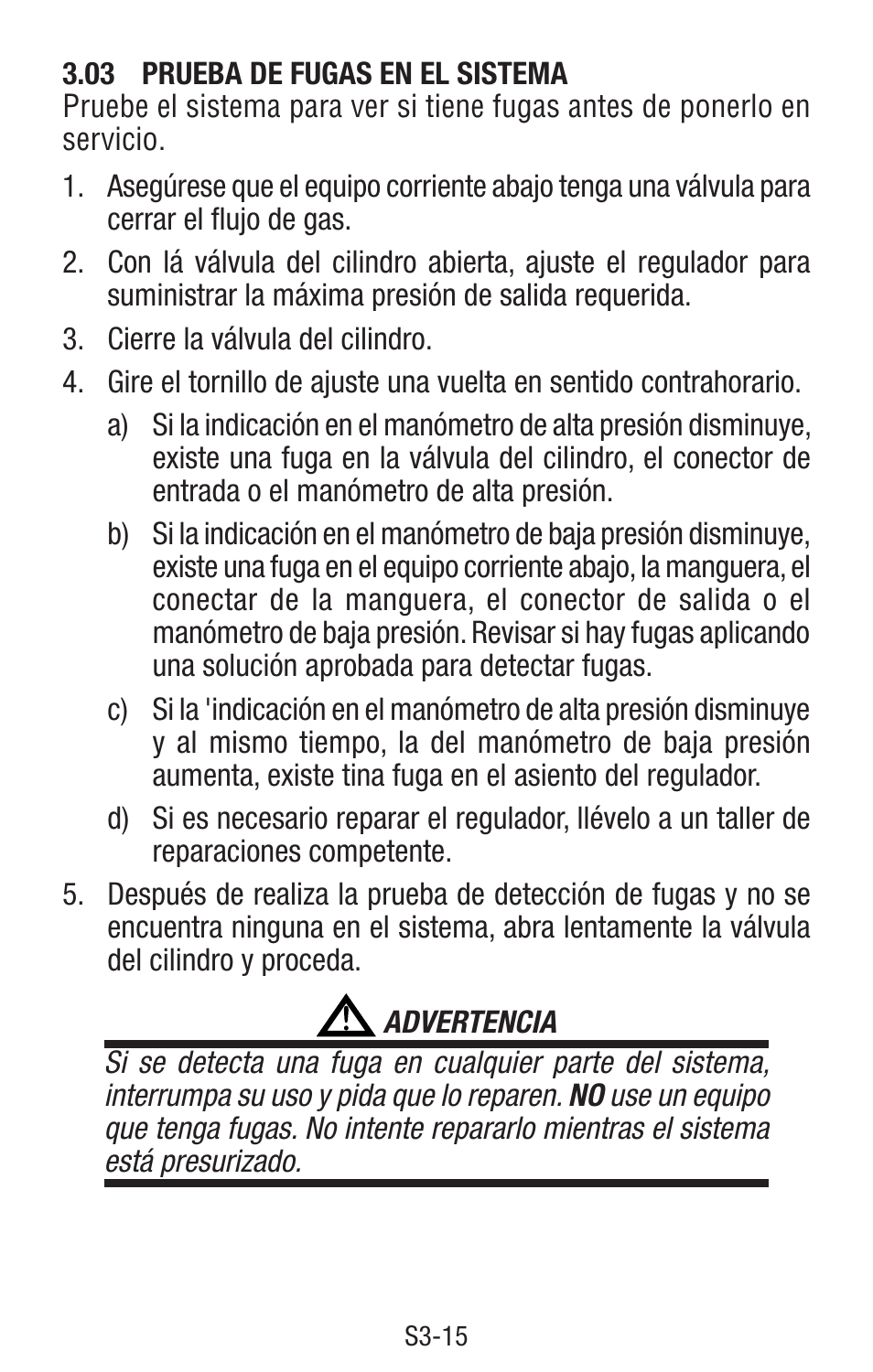 03 prueba de fugas en el sistema, Prueba de fugas en el sistema ............ s3-15 | Tweco Single & Two Stage Regulators User Manual | Page 64 / 68