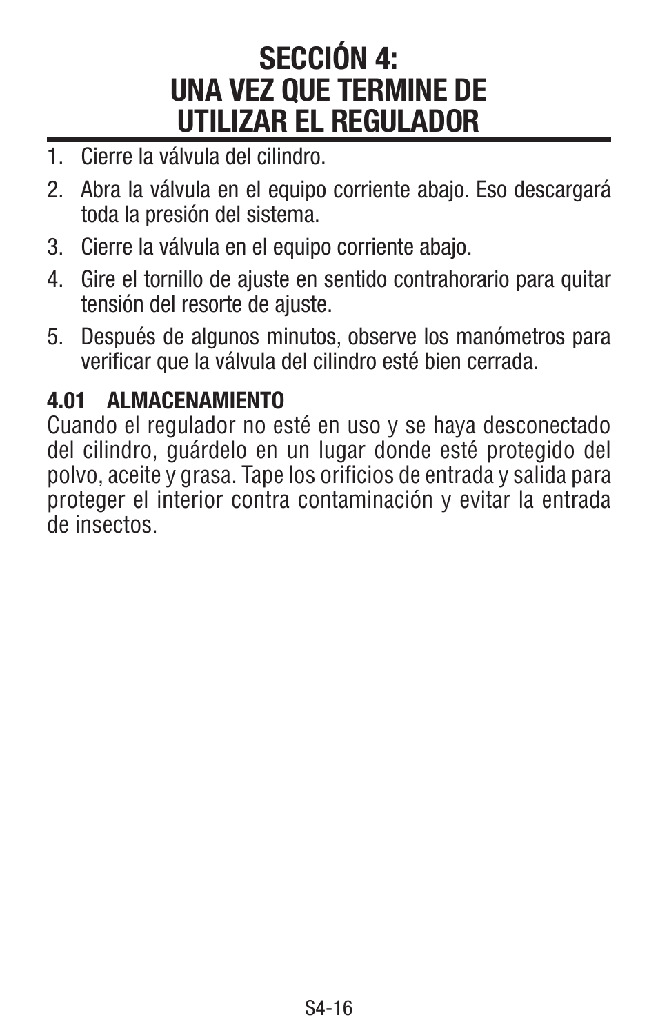 01 almacenamiento, Sección 4: una vez que termine de | Tweco Single & Two Stage Regulators User Manual | Page 65 / 68