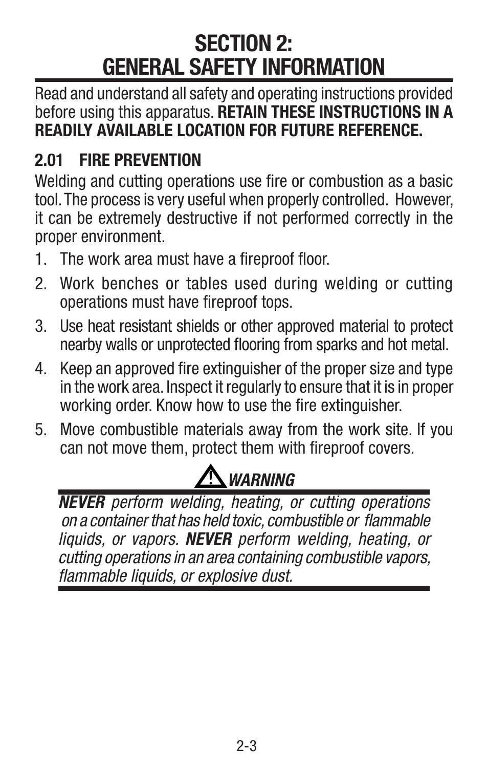 Section 2: general safety information, 01 fire prevention, Section 2: general safety information -3 | Fire prevention -3 | Tweco Single & Two Stage Regulators User Manual | Page 7 / 68