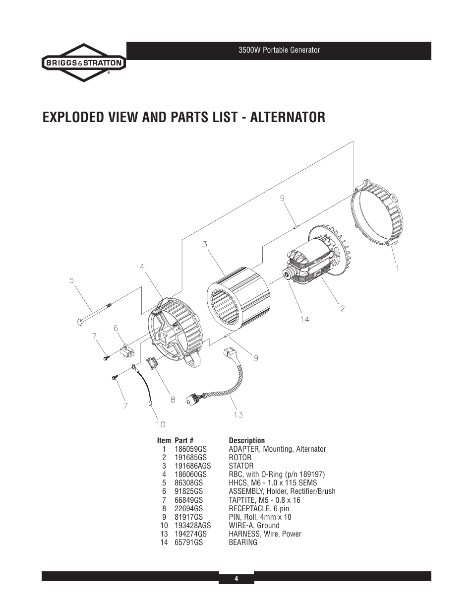 Exploded view and parts list - alternator | Briggs & Stratton 030208-2 User Manual | Page 4 / 6