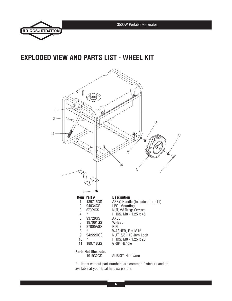Exploded view and parts list - wheel kit | Briggs & Stratton 030208-2 User Manual | Page 6 / 6