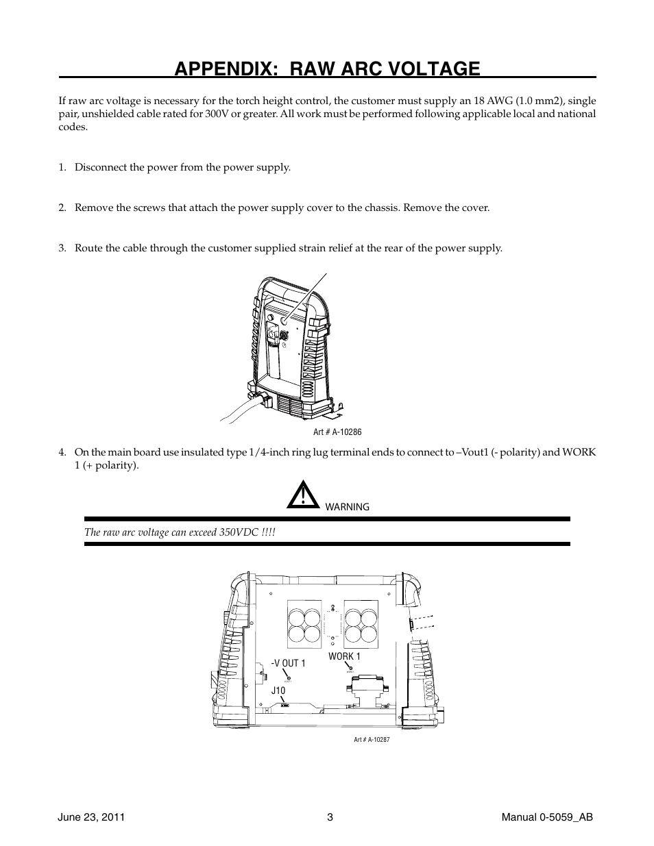Appendix: raw arc voltage, Cut out for cable | Tweco 9-9385 User Manual | Page 3 / 4