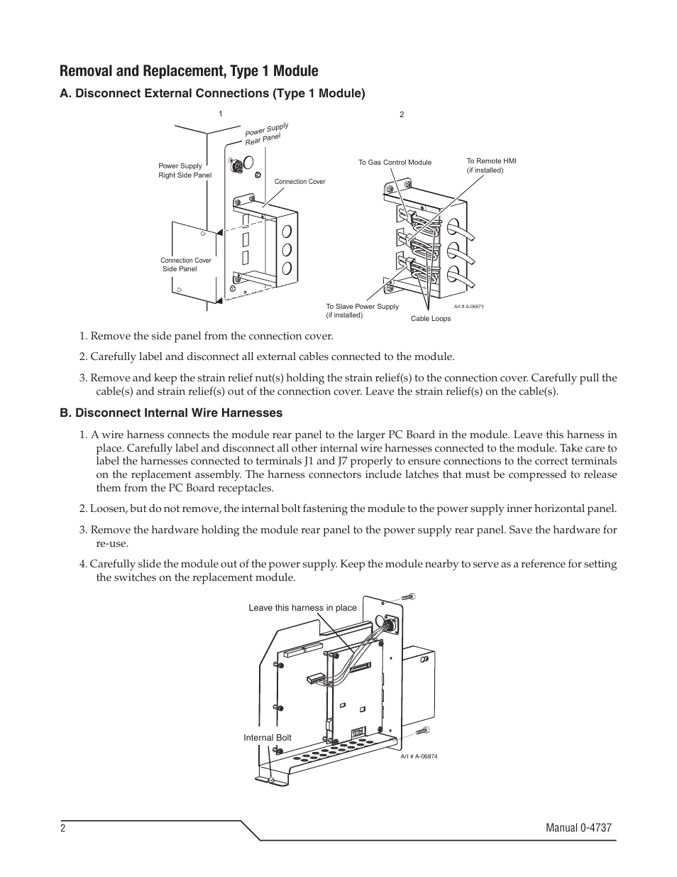 Removal and replacement, type 1 module, A. disconnect external connections (type 1 module), B. disconnect internal wire harnesses | Tweco 9-9418 User Manual | Page 2 / 12