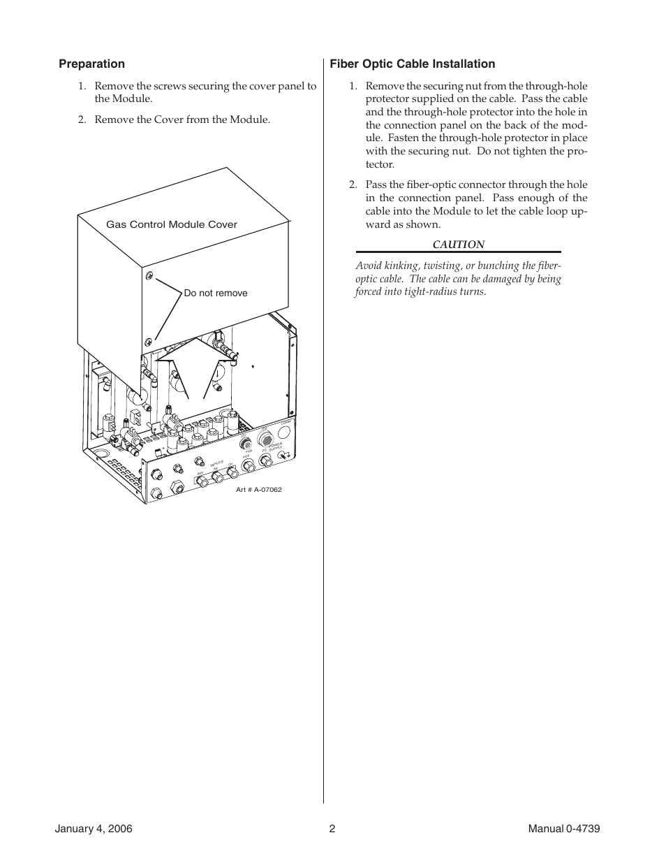 Preparation, Fiber optic cable installation, Gas control module cover do not remove | Tweco 7-4000 User Manual | Page 2 / 4