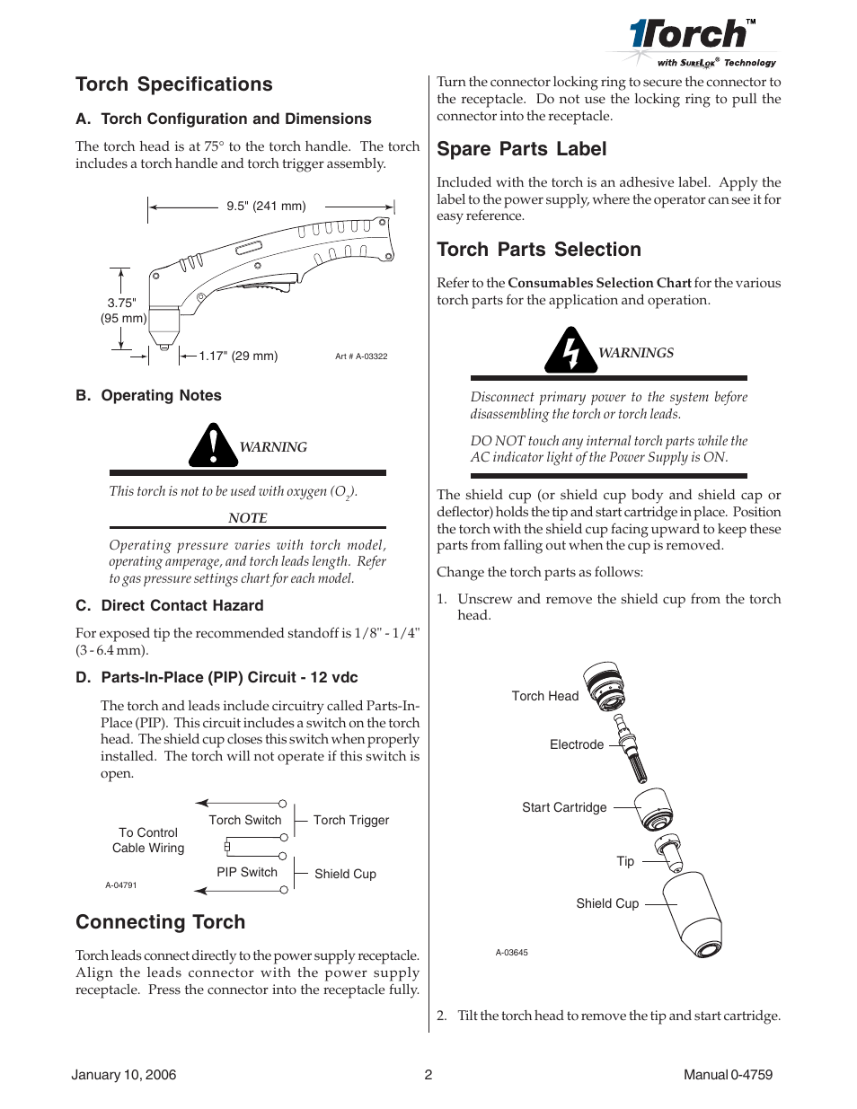 Torch specifications, Connecting torch, Spare parts label | Torch parts selection | Tweco SL55 Plasma Cutting User Manual | Page 2 / 9