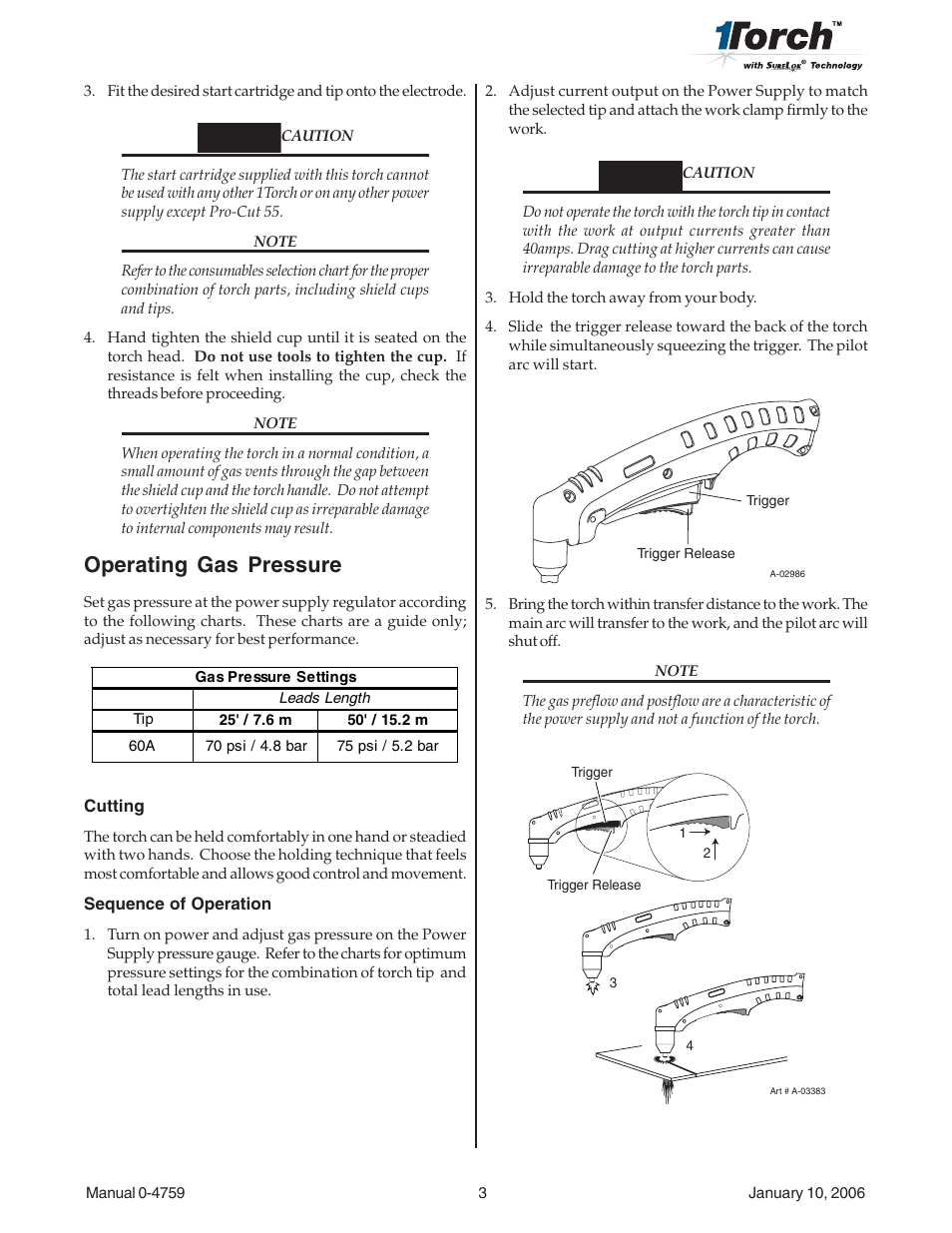 Operating gas pressure | Tweco SL55 Plasma Cutting User Manual | Page 3 / 9