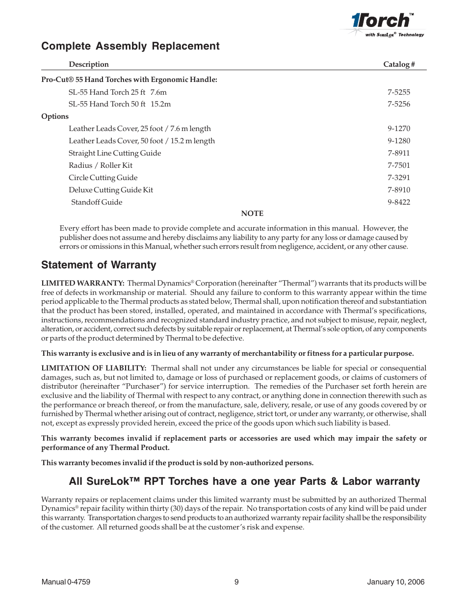 Complete assembly replacement, Statement of warranty | Tweco SL55 Plasma Cutting User Manual | Page 9 / 9