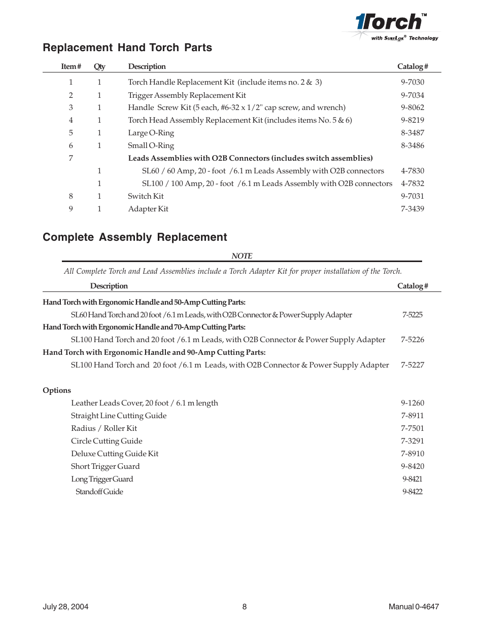 Replacement hand torch parts, Complete assembly replacement | Tweco 7-5227 User Manual | Page 8 / 10