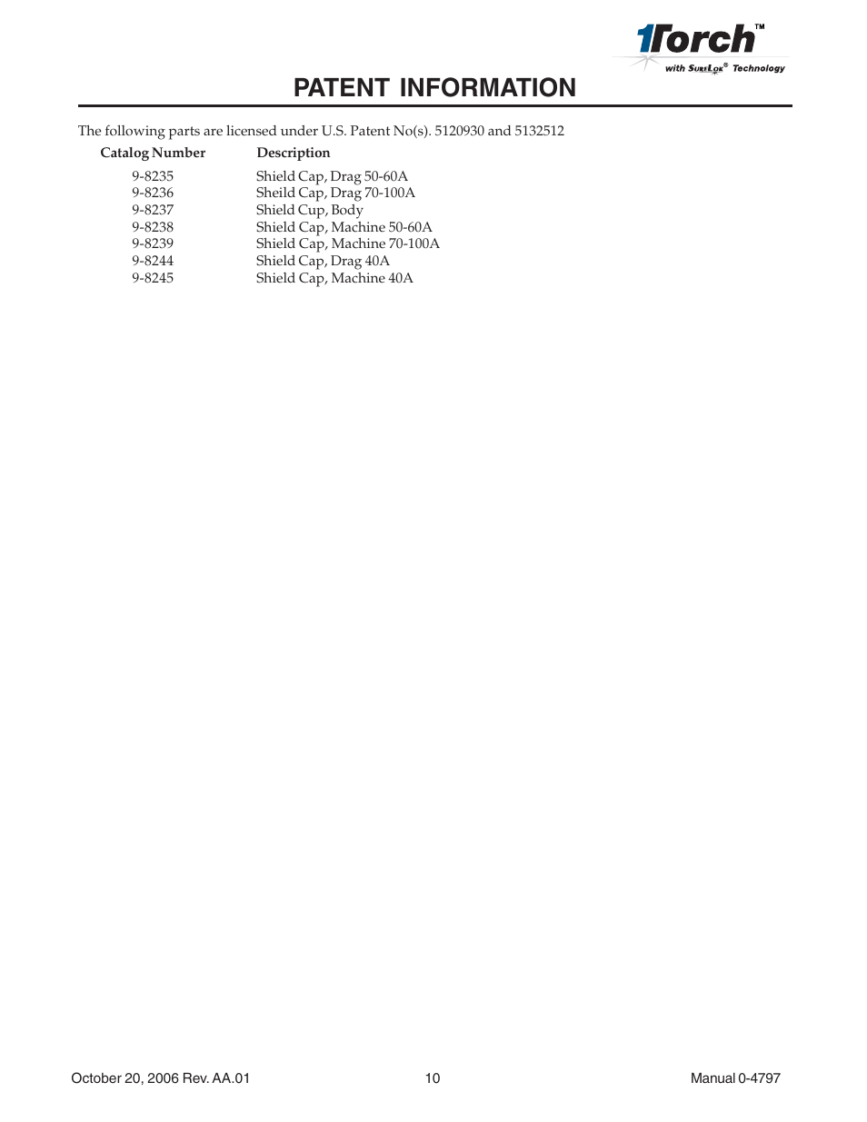 Patent information | Tweco SL80 Plasma Cutting User Manual | Page 10 / 11