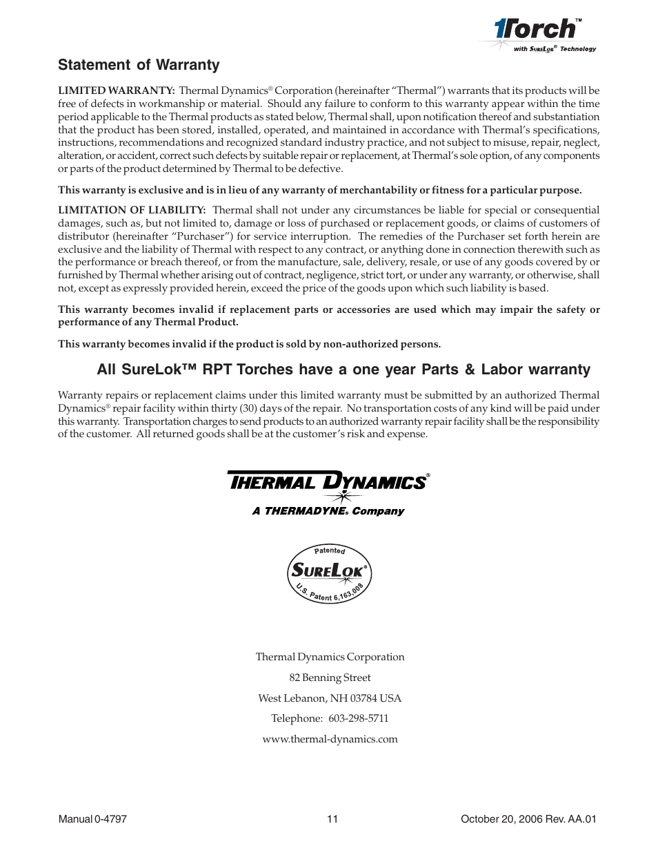 Statement of warranty | Tweco SL80 Plasma Cutting User Manual | Page 11 / 11