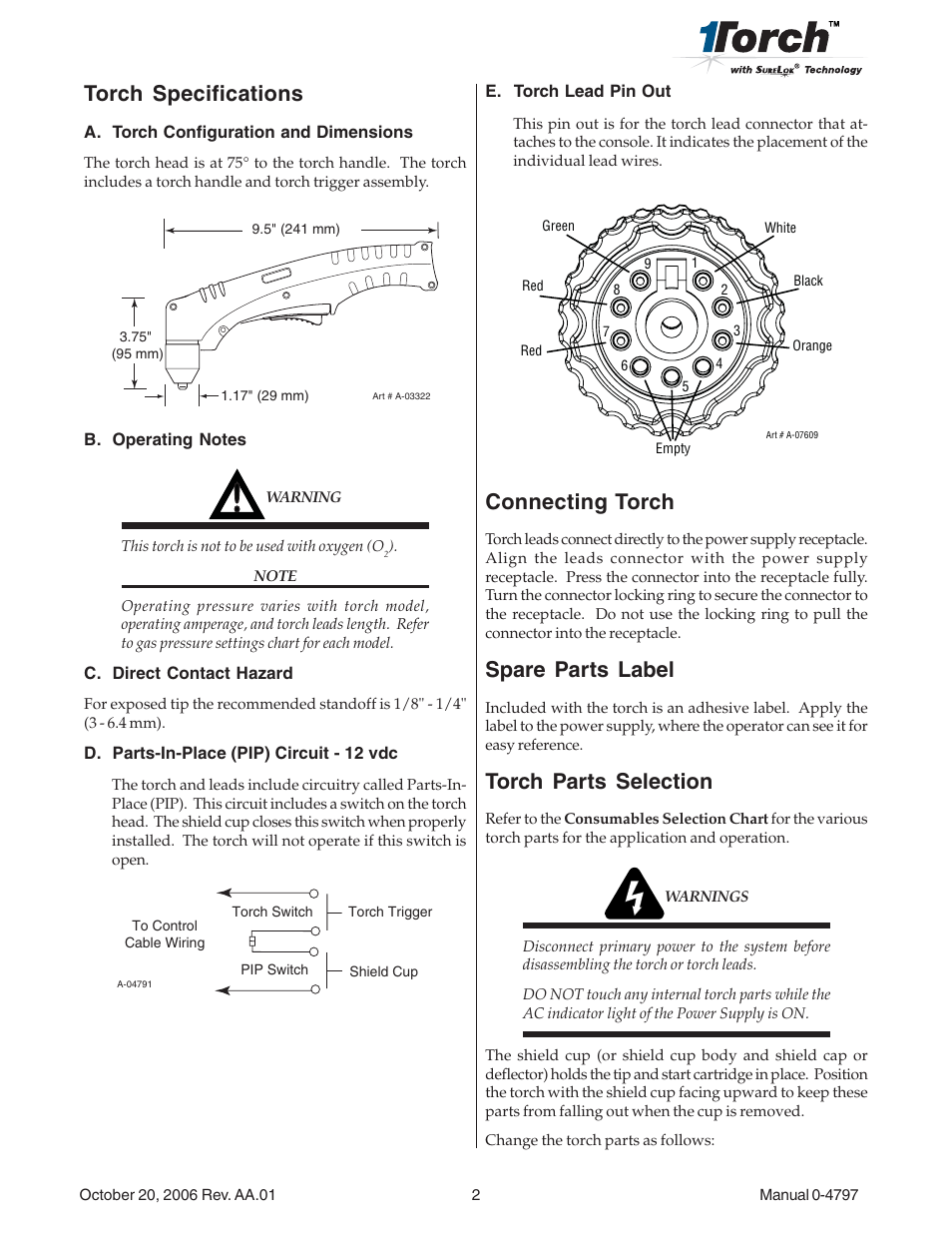 Torch specifications, Connecting torch, Spare parts label | Torch parts selection | Tweco SL80 Plasma Cutting User Manual | Page 2 / 11