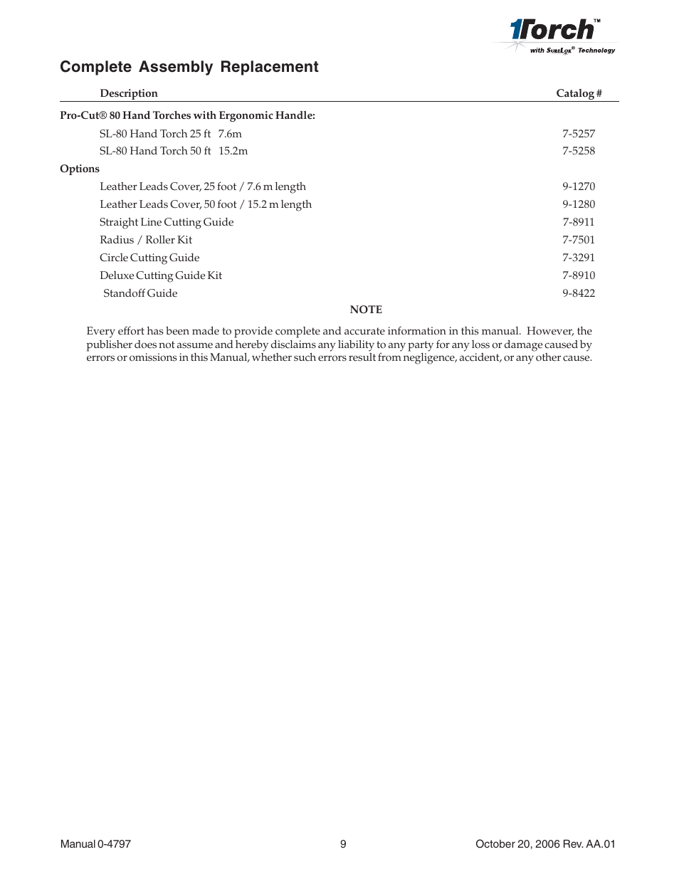 Complete assembly replacement | Tweco SL80 Plasma Cutting User Manual | Page 9 / 11