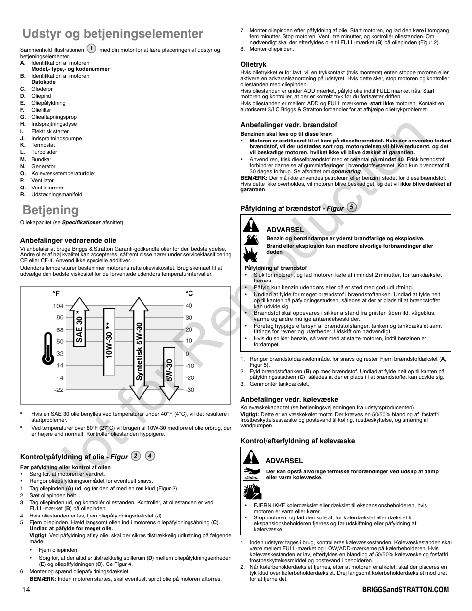 Not for reproduction, Udstyr og betjeningselementer, Betjening | Briggs & Stratton 580000 User Manual | Page 14 / 92
