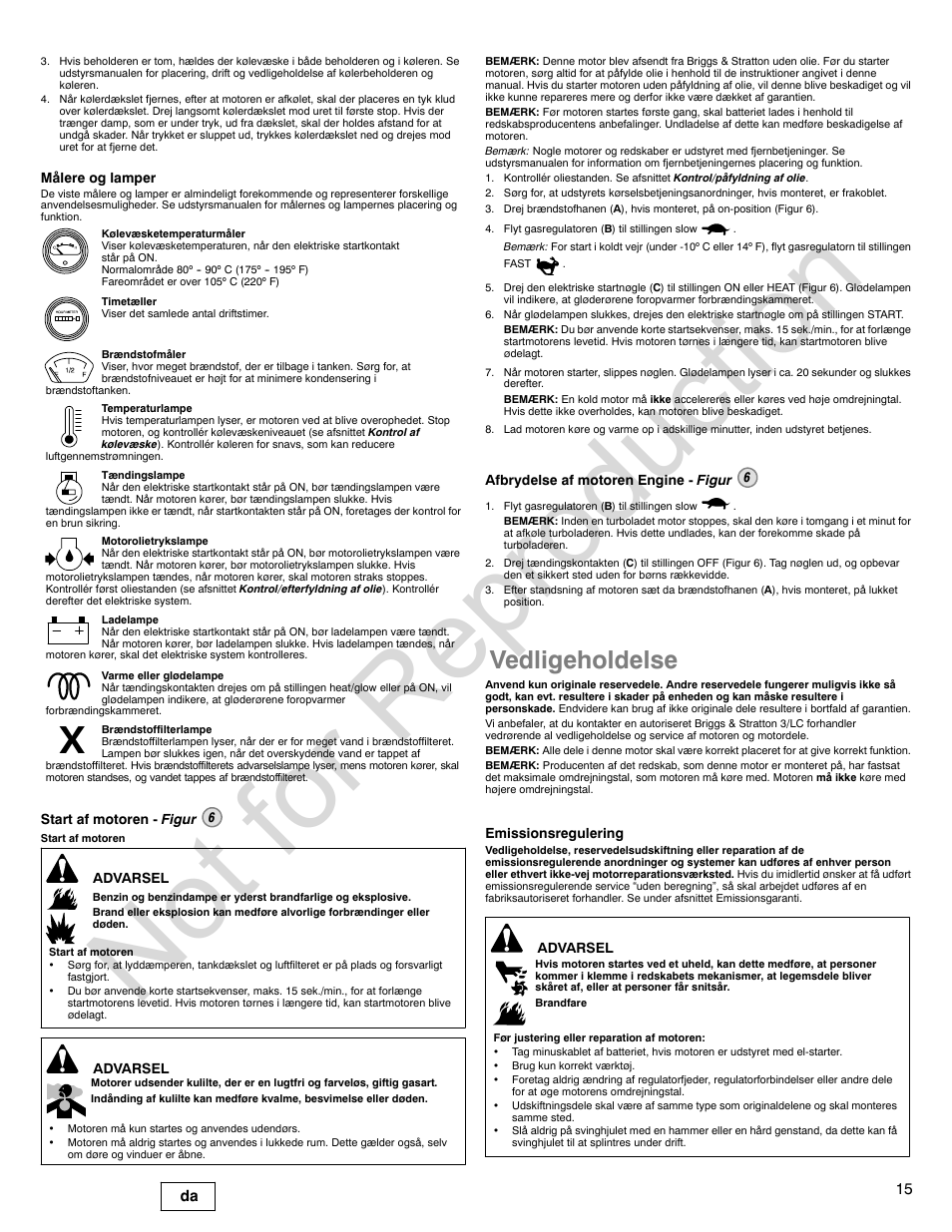 Not for reproduction, Vedligeholdelse, 15 da | Briggs & Stratton 580000 User Manual | Page 15 / 92