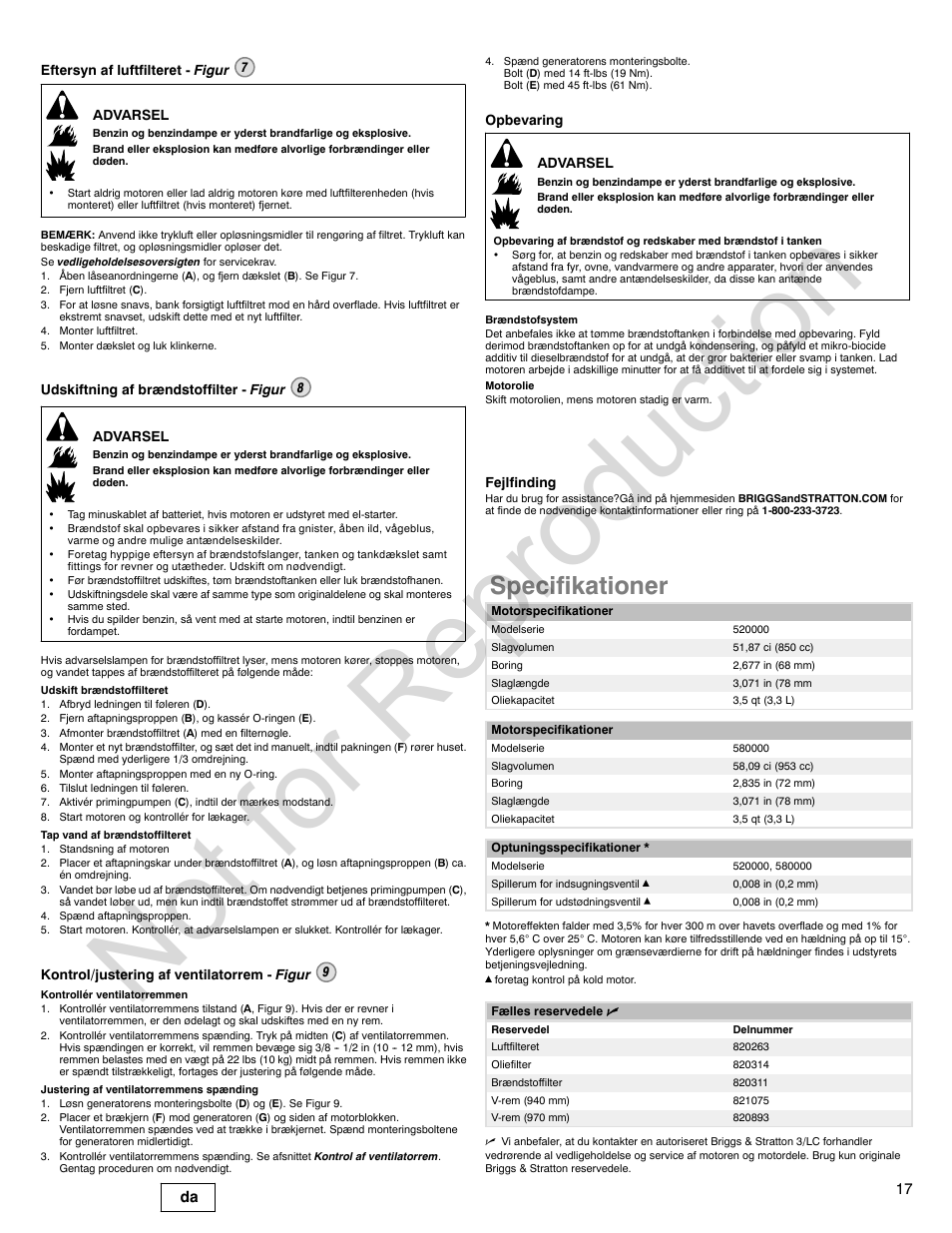 Not for reproduction, Specifikationer, 17 da | Briggs & Stratton 580000 User Manual | Page 17 / 92