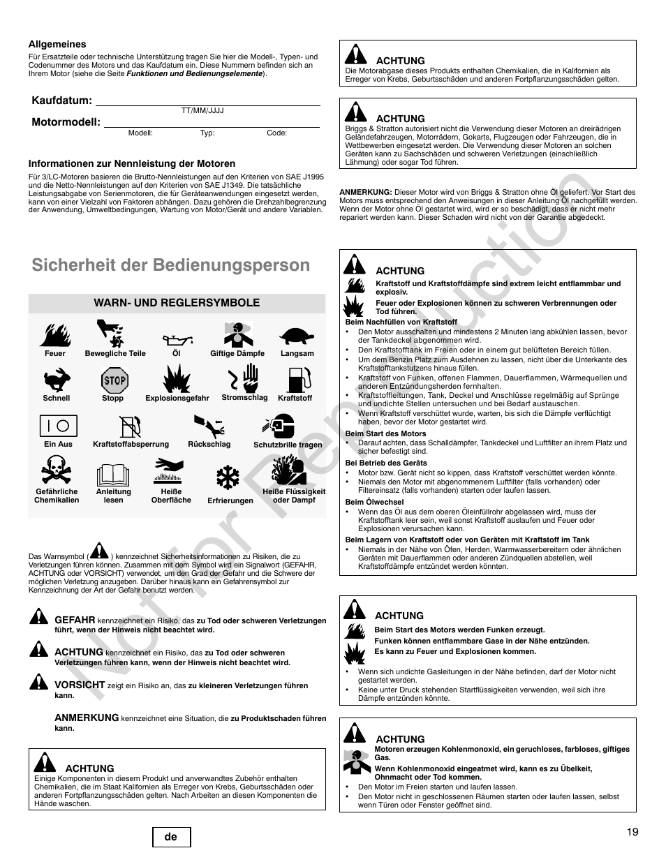 Not for reproduction, Sicherheit der bedienungsperson, 19 de | Kaufdatum: motormodell, Warn- und reglersymbole | Briggs & Stratton 580000 User Manual | Page 19 / 92