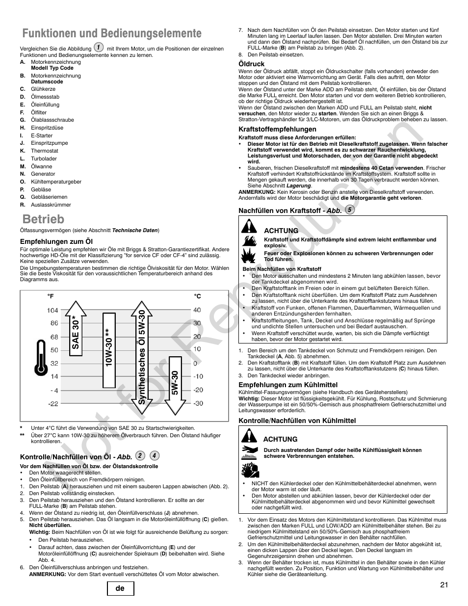 Not for reproduction, Funktionen und bedienungselemente, Betrieb | Briggs & Stratton 580000 User Manual | Page 21 / 92