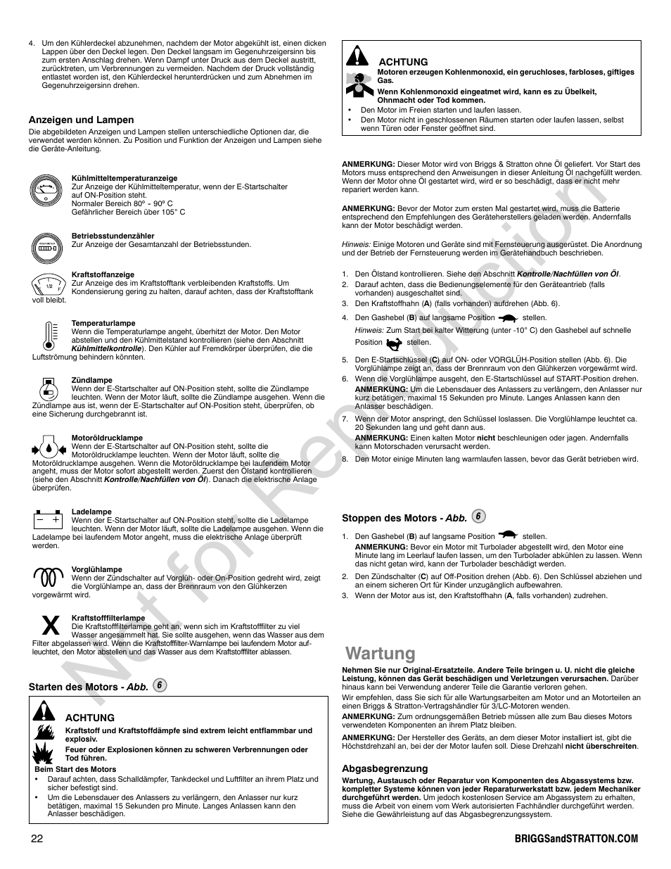 Not for reproduction, Wartung | Briggs & Stratton 580000 User Manual | Page 22 / 92