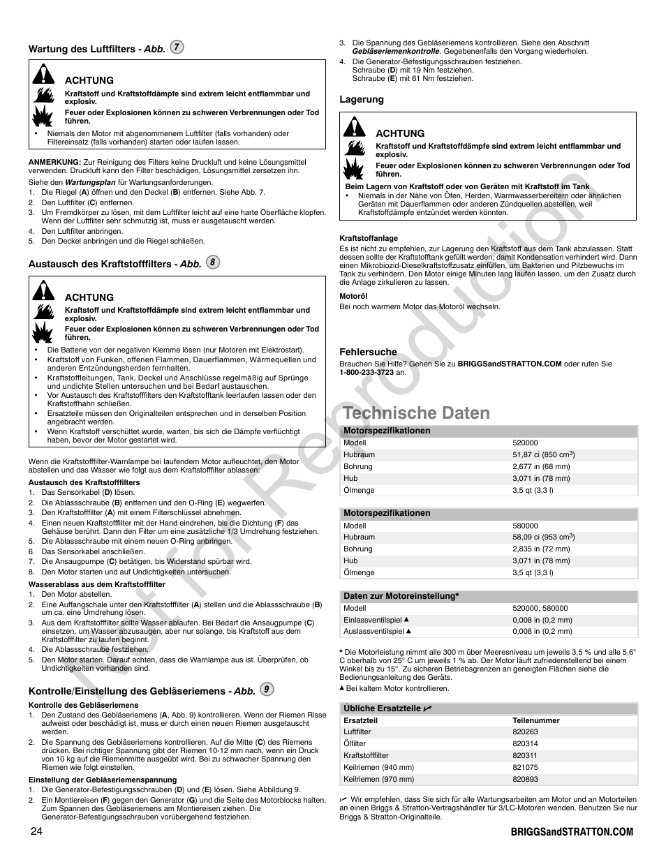 Not for reproduction, Technische daten | Briggs & Stratton 580000 User Manual | Page 24 / 92