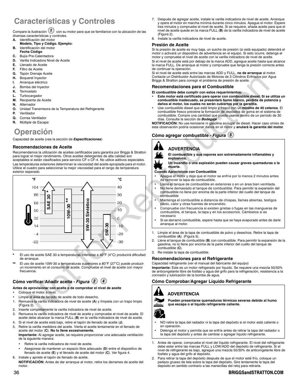 Not for reproduction, Características y controles, Operación | Briggs & Stratton 580000 User Manual | Page 36 / 92