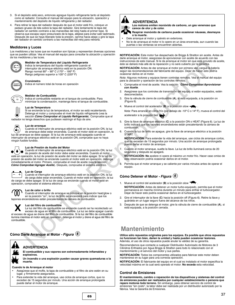 Not for reproduction, Mantenimiento, 37 es | Briggs & Stratton 580000 User Manual | Page 37 / 92