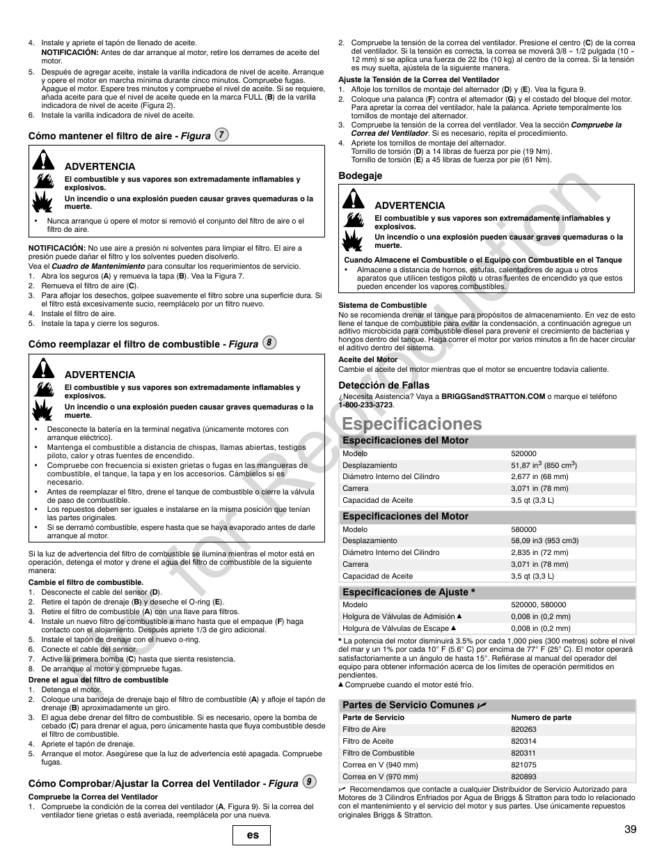 Not for reproduction, Especificaciones, 39 es | Briggs & Stratton 580000 User Manual | Page 39 / 92