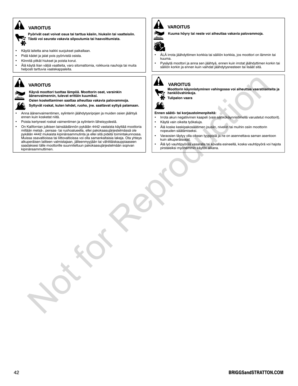 Not for reproduction | Briggs & Stratton 580000 User Manual | Page 42 / 92