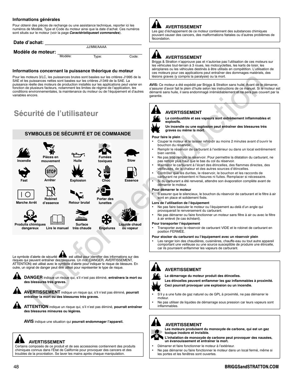 Not for reproduction, Sécurité de l’utilisateur, Date d’achat: modèle de moteur | Symboles de sécurité et de commande | Briggs & Stratton 580000 User Manual | Page 48 / 92