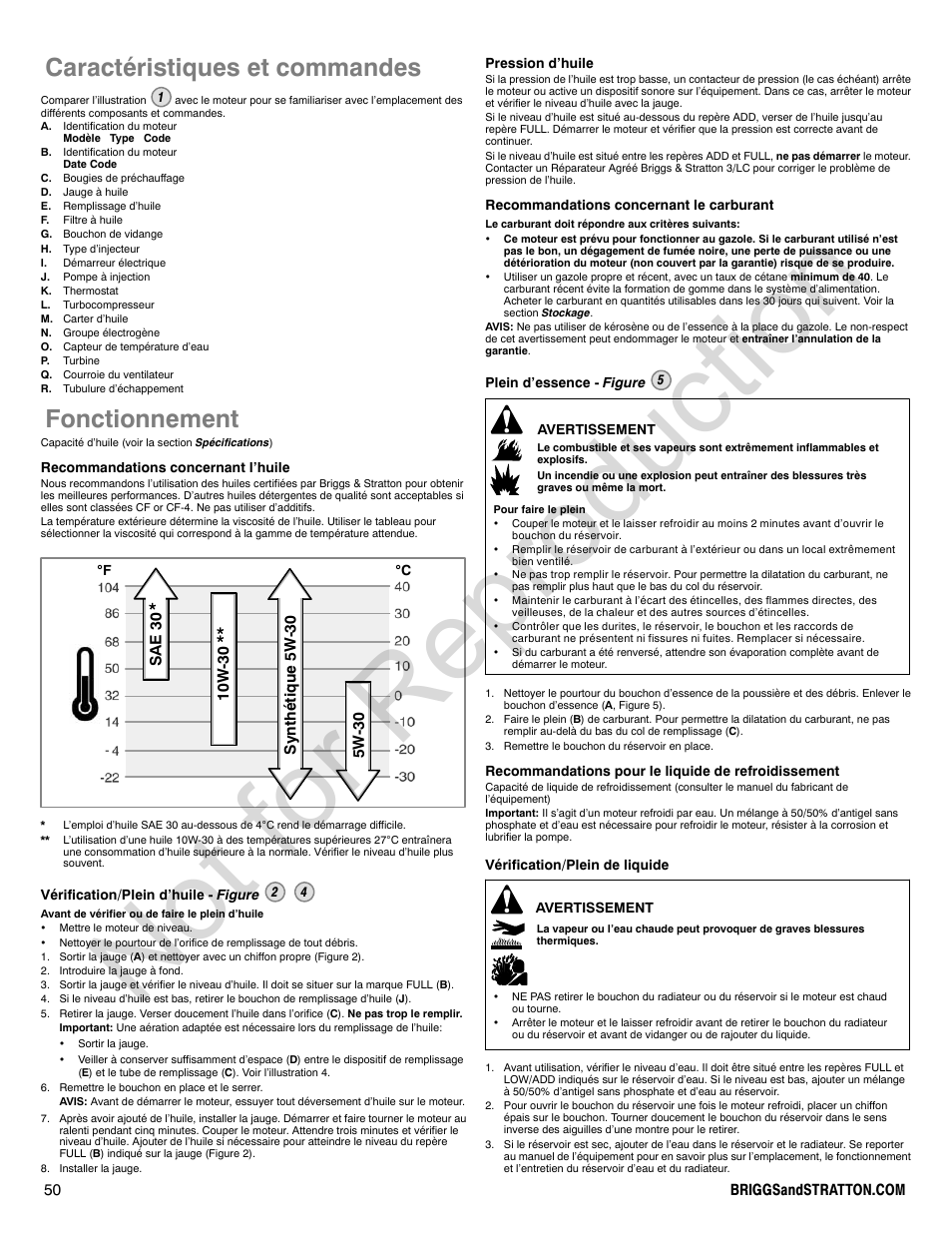 Not for reproduction, Caractéristiques et commandes, Fonctionnement | Briggs & Stratton 580000 User Manual | Page 50 / 92