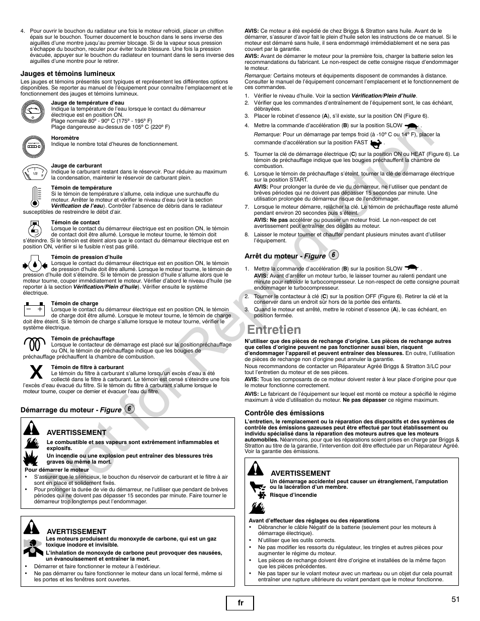 Not for reproduction, Entretien, 51 fr | Briggs & Stratton 580000 User Manual | Page 51 / 92