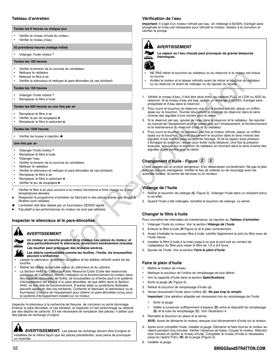 Not for reproduction | Briggs & Stratton 580000 User Manual | Page 52 / 92