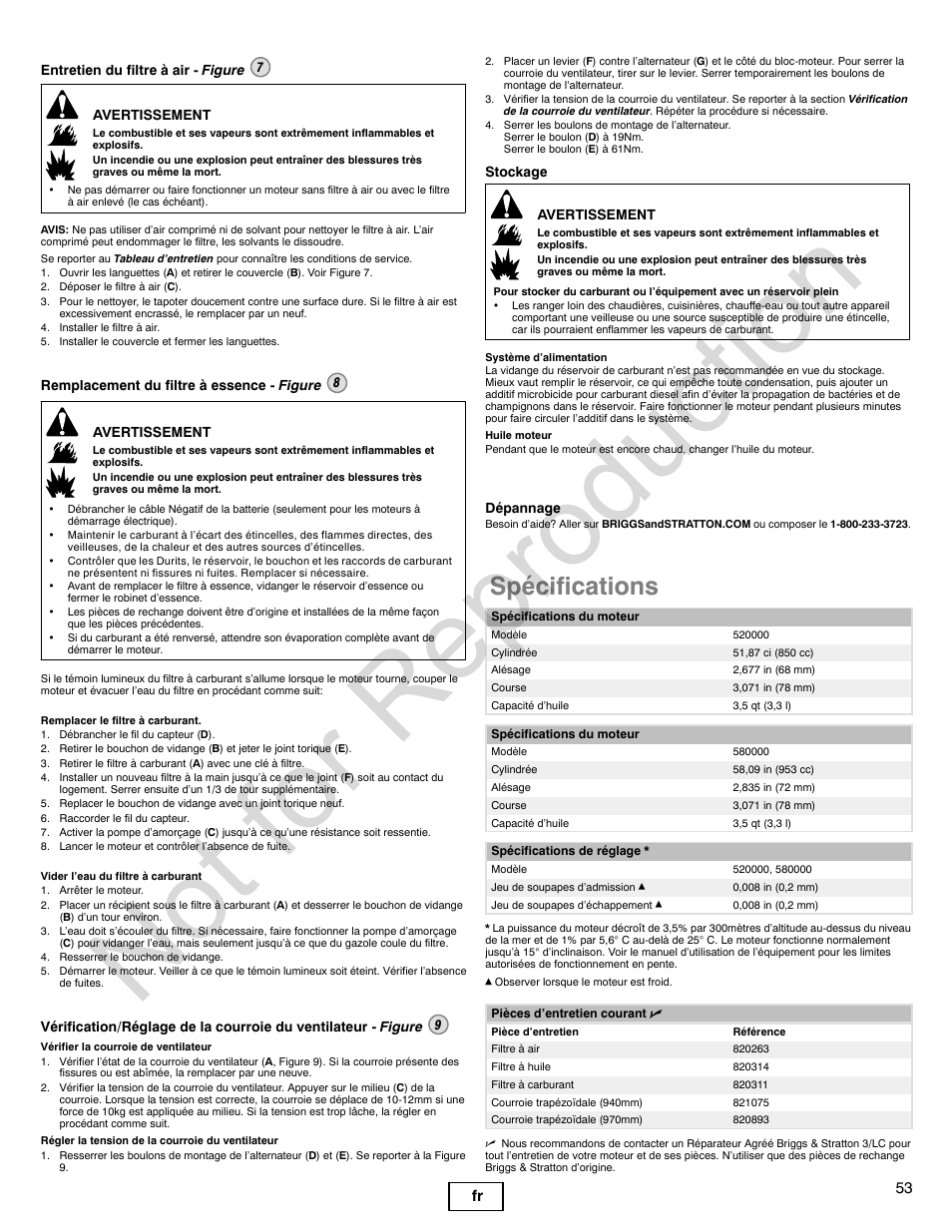 Not for reproduction, Spécifications, 53 fr | Briggs & Stratton 580000 User Manual | Page 53 / 92