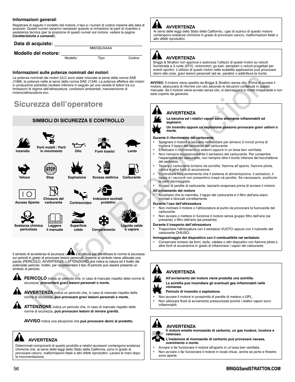 Not for reproduction, Sicurezza dell’operatore, Data di acquisto: modello del motore | Simboli di sicurezza e controllo | Briggs & Stratton 580000 User Manual | Page 56 / 92