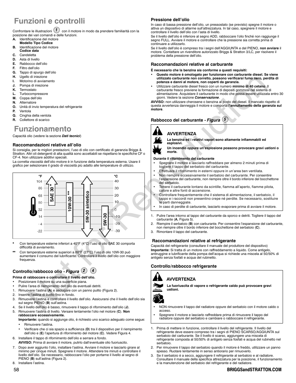 Not for reproduction, Funzioni e controlli, Funzionamento | Briggs & Stratton 580000 User Manual | Page 58 / 92