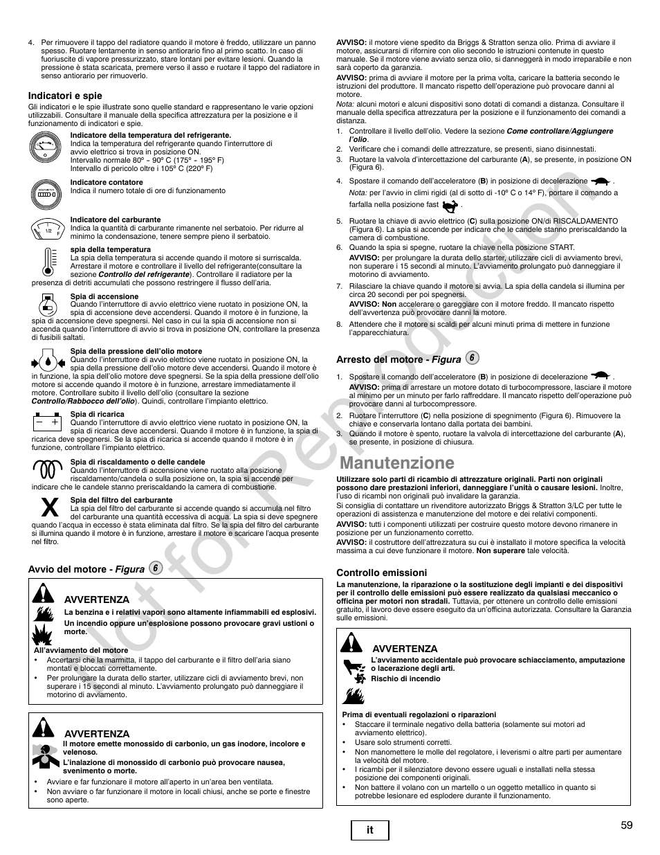 Not for reproduction, Manutenzione, 59 it | Briggs & Stratton 580000 User Manual | Page 59 / 92