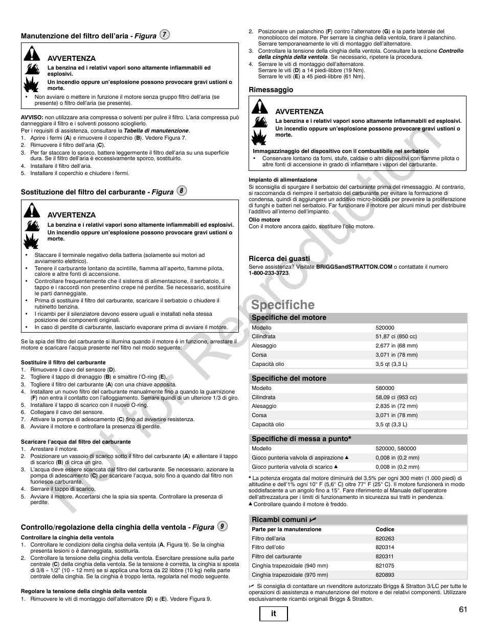 Not for reproduction, Specifiche, 61 it | Briggs & Stratton 580000 User Manual | Page 61 / 92