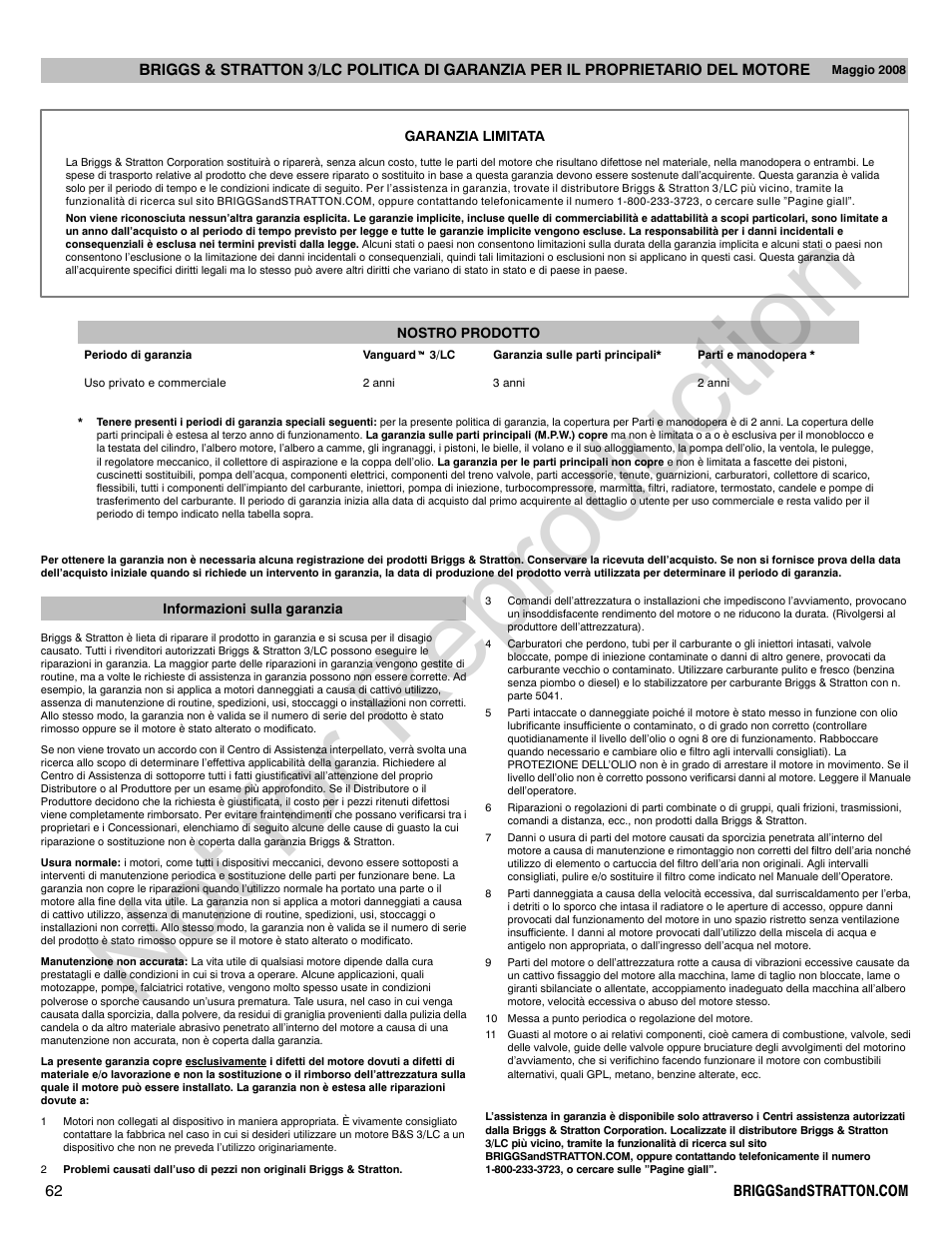 Not for reproduction | Briggs & Stratton 580000 User Manual | Page 62 / 92