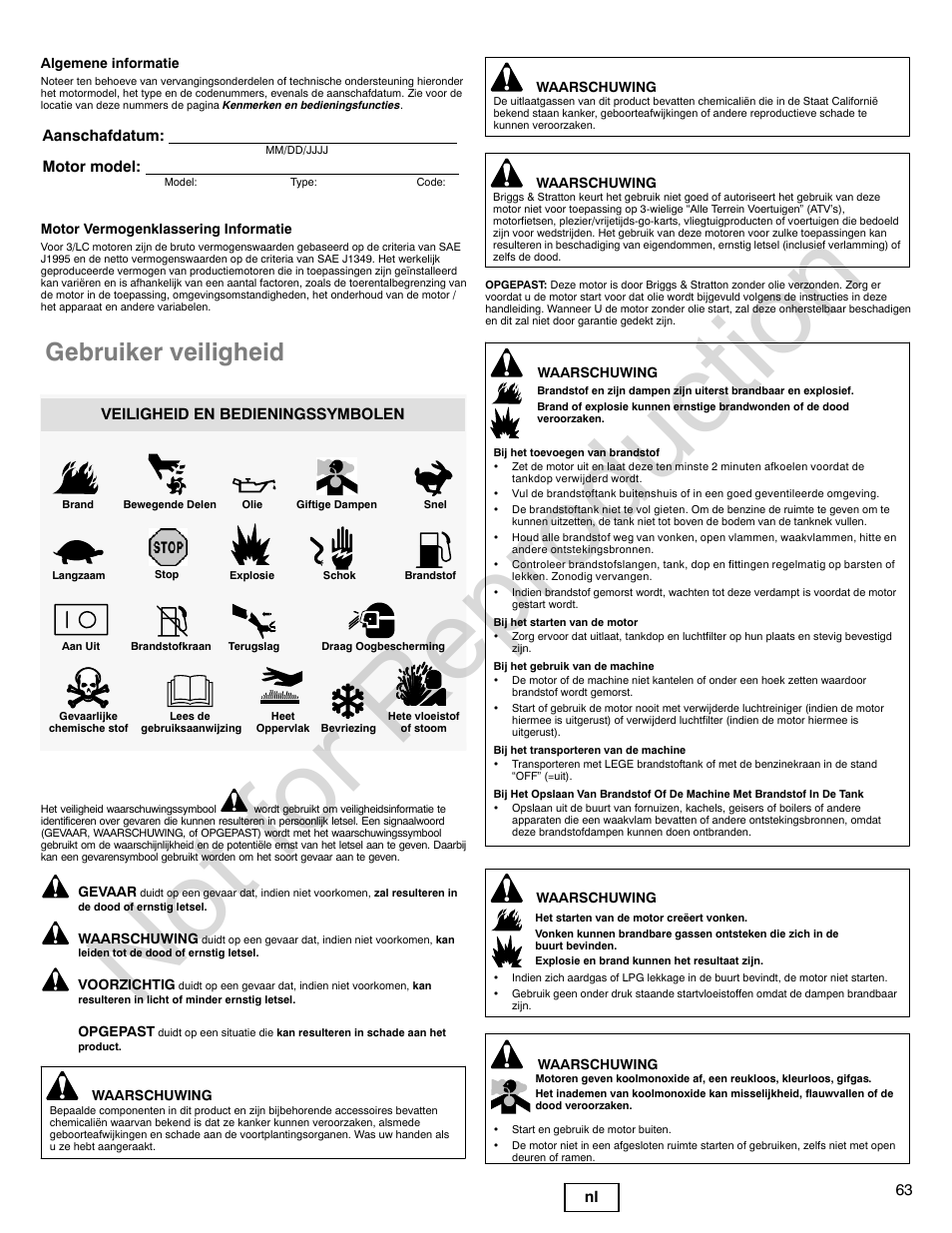 Not for reproduction, Gebruiker veiligheid, 63 nl | Aanschafdatum: motor model, Veiligheid en bedieningssymbolen | Briggs & Stratton 580000 User Manual | Page 63 / 92