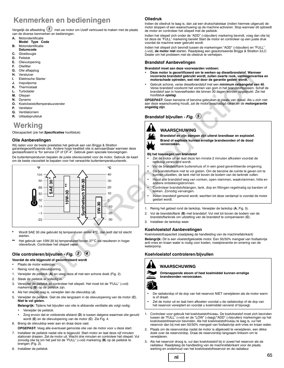 Not for reproduction, Kenmerken en bedieningen, Werking | Briggs & Stratton 580000 User Manual | Page 65 / 92