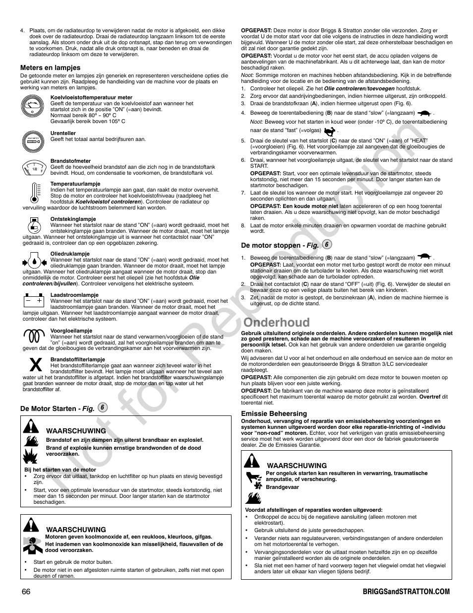 Not for reproduction, Onderhoud | Briggs & Stratton 580000 User Manual | Page 66 / 92