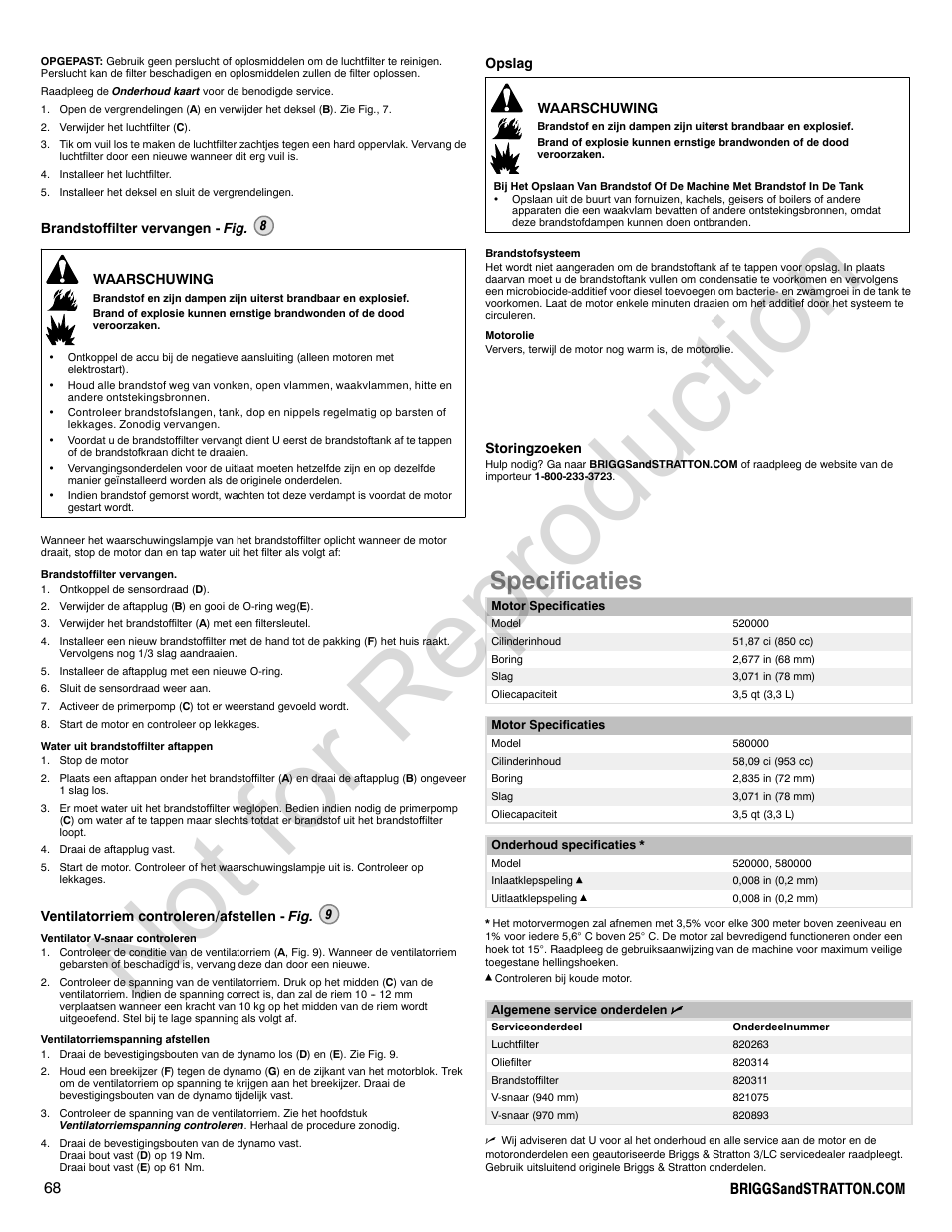 Not for reproduction, Specificaties | Briggs & Stratton 580000 User Manual | Page 68 / 92