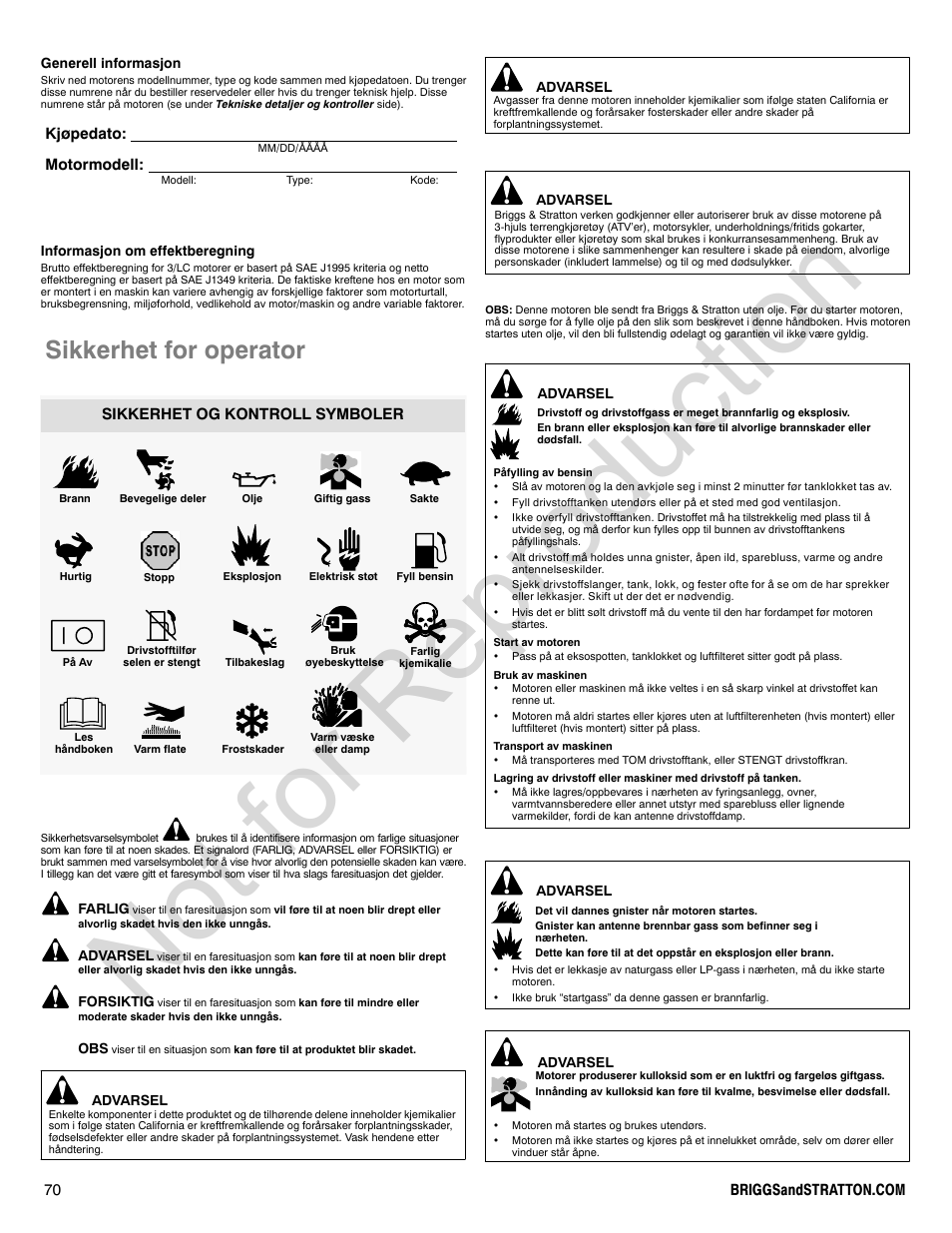 Not for reproduction, Sikkerhet for operator, Kjøpedato: motormodell | Sikkerhet og kontroll symboler | Briggs & Stratton 580000 User Manual | Page 70 / 92