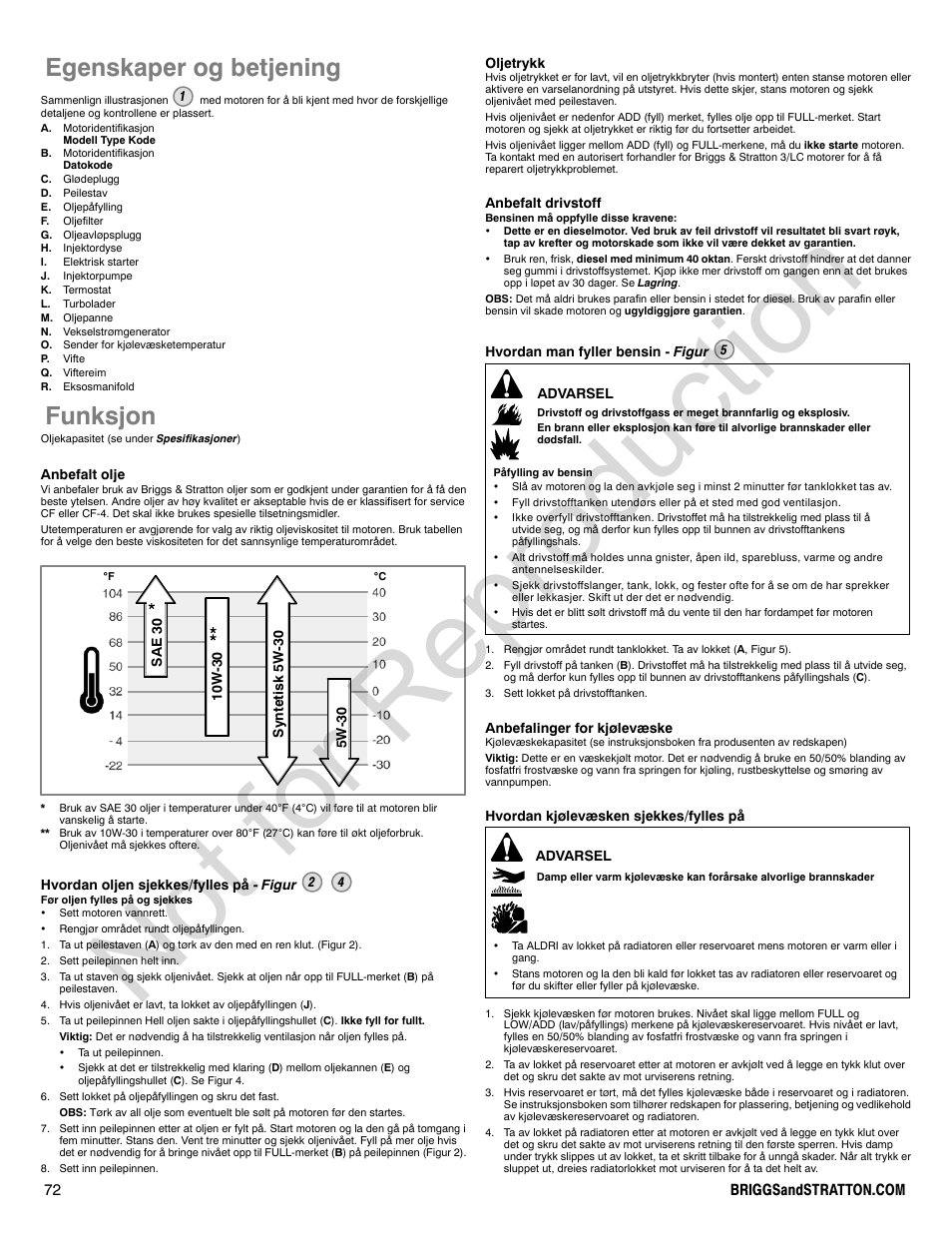 Not for reproduction, Egenskaper og betjening, Funksjon | Briggs & Stratton 580000 User Manual | Page 72 / 92