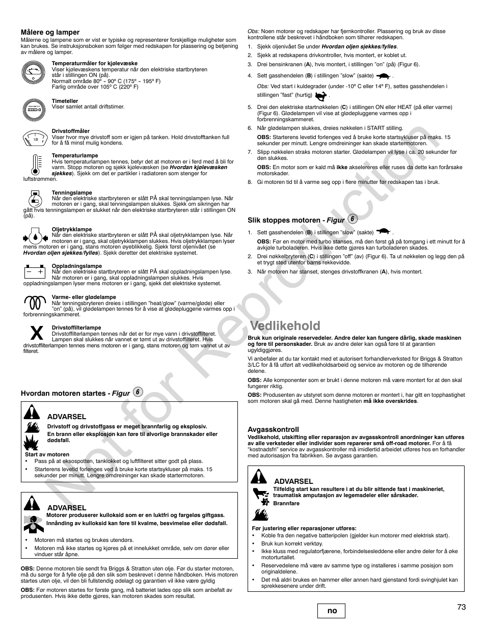 Not for reproduction, Vedlikehold, 73 no | Briggs & Stratton 580000 User Manual | Page 73 / 92