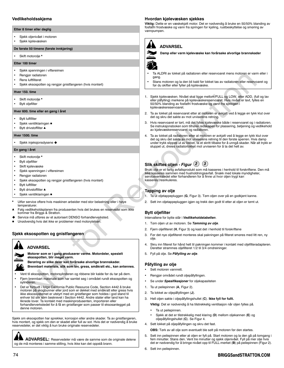 Not for reproduction | Briggs & Stratton 580000 User Manual | Page 74 / 92
